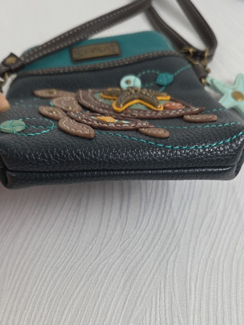 Chala Teal & Black Turtle Appliqué Crossbody Bag - Picture 3 of 6
